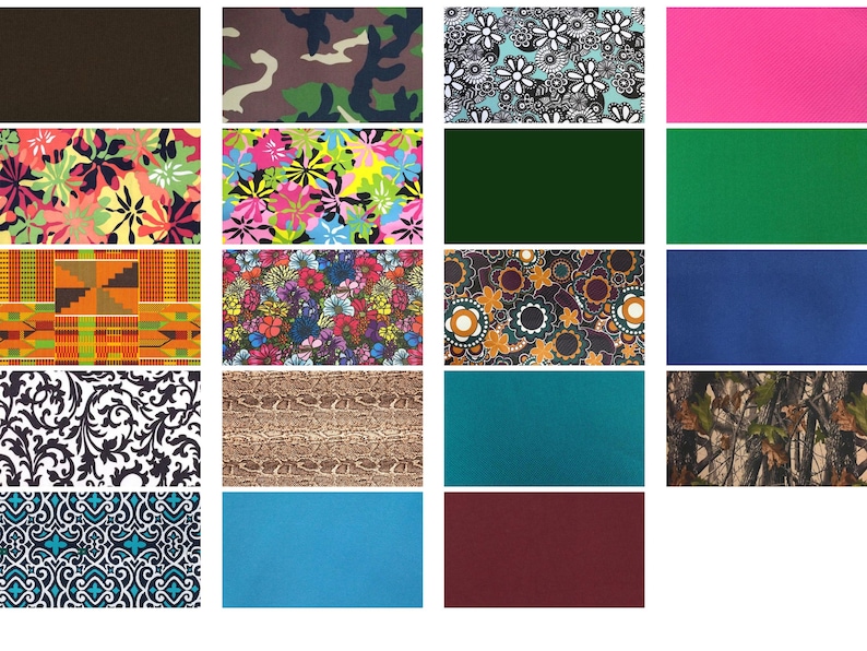a collection of 16 different patterns and designs, including floral, geometric, camouflage, and abstract motifs, presented in a grid format.