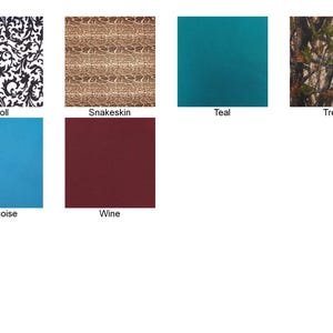 six different fabric swatches, each with a unique color and pattern, arranged in a grid format.