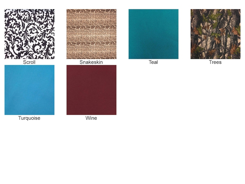 six different fabric swatches, each with a unique color and pattern, arranged in a grid format.