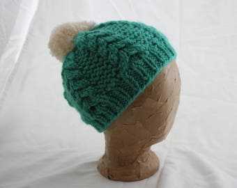 Hand Knitted Cozy Pompom Beanie - Teal Cabled with White Pompom