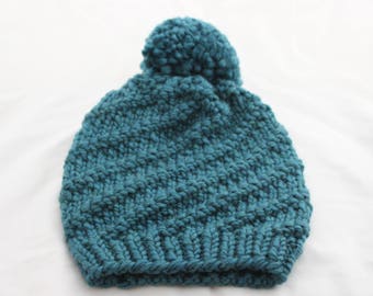 Hand Knitted Cozy Pompom Beanie - Dark Blue with Pompom