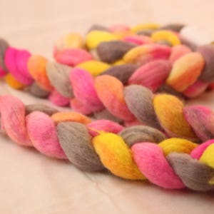 Hand Dyed Peruvian Highland Wool Roving Bright Pink, Yellow, and Gray image 2