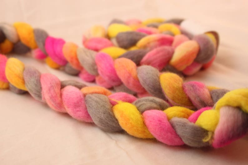 Hand Dyed Peruvian Highland Wool Roving Bright Pink, Yellow, and Gray image 2