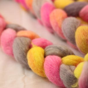 Hand Dyed Peruvian Highland Wool Roving Bright Pink, Yellow, and Gray image 3