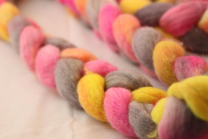 Hand Dyed Peruvian Highland Wool Roving Bright Pink, Yellow, and Gray image 3