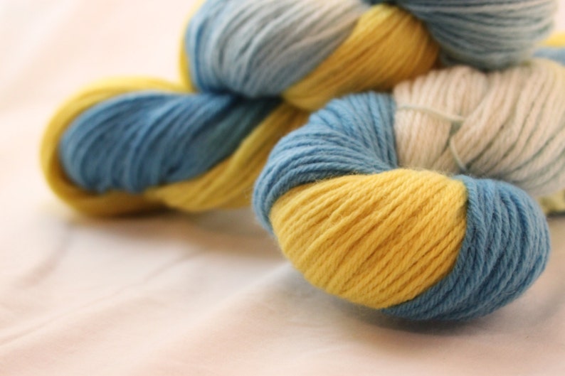 Yellow and White Bright Blue Hand Dyed Worsted Weight Peruvian Highland Wool Yarn