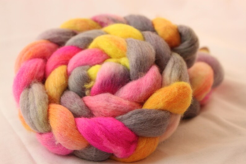 Hand Dyed Peruvian Highland Wool Roving Bright Pink, Yellow, and Gray image 5
