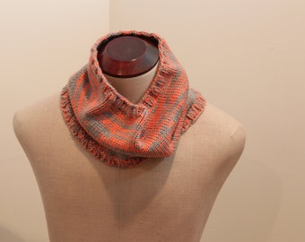 Hand Knitted Coral and Gray Cowl