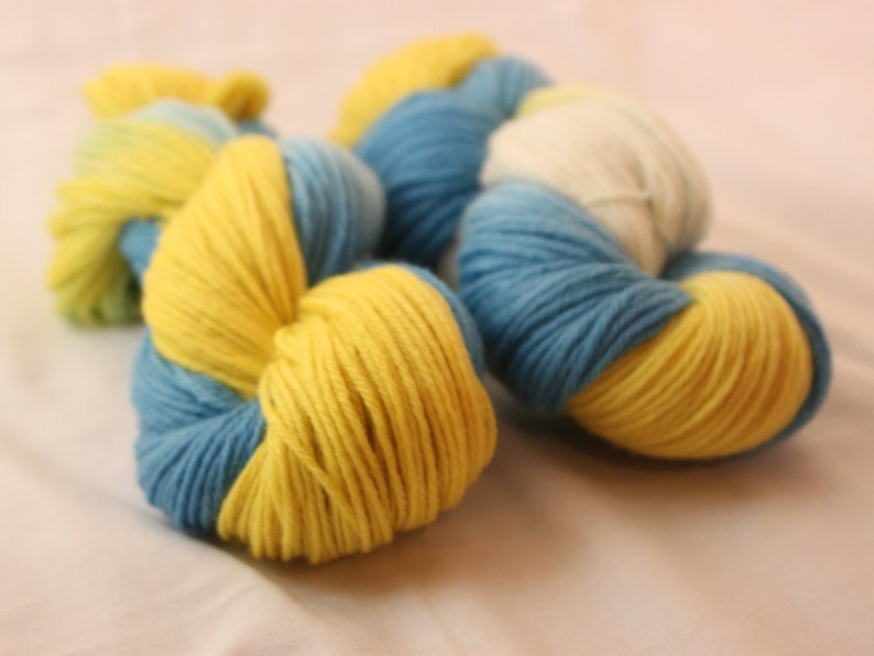 Yellow and White Bright Blue Hand Dyed Worsted Weight Peruvian Highland Wool Yarn