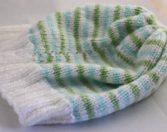 Hand Knitted Cozy Beanie - White, Blue, and Green Stripe