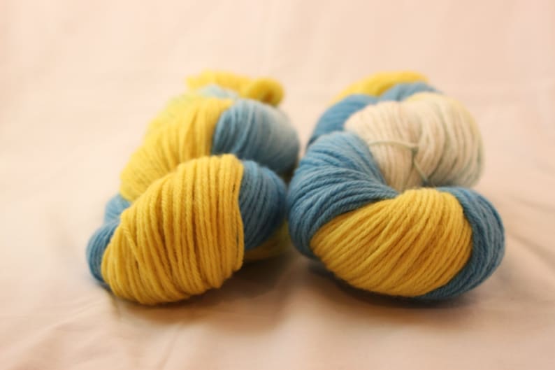 Yellow and White Bright Blue Hand Dyed Worsted Weight Peruvian Highland Wool Yarn