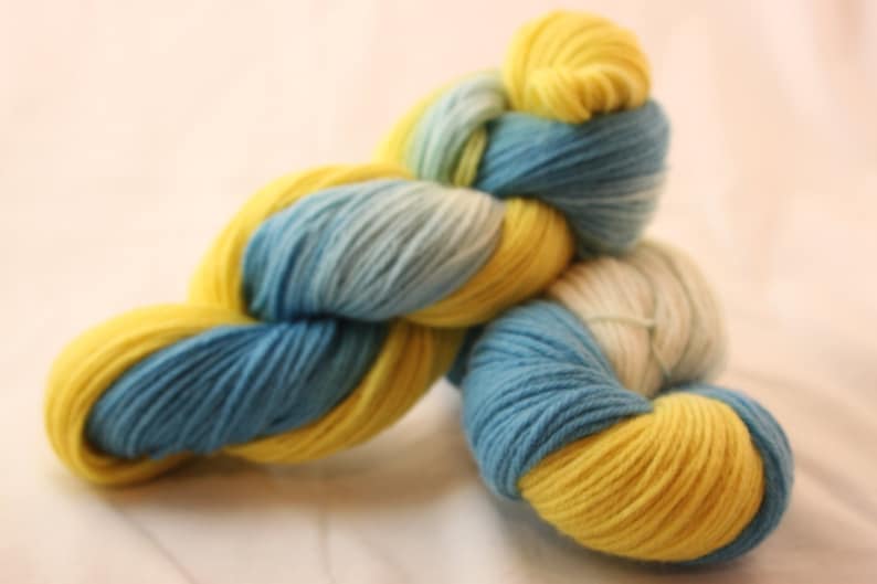 Yellow and White Bright Blue Hand Dyed Worsted Weight Peruvian Highland Wool Yarn