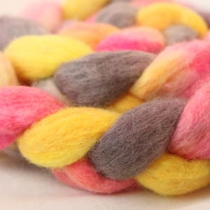 Hand Dyed Peruvian Highland Wool Roving Bright Pink, Yellow, and Gray image 4