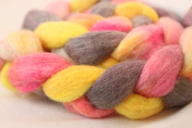 Hand Dyed Peruvian Highland Wool Roving Bright Pink, Yellow, and Gray image 4