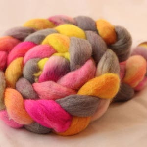 Hand Dyed Peruvian Highland Wool Roving Bright Pink, Yellow, and Gray image 1