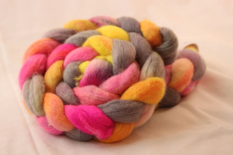 Hand Dyed Peruvian Highland Wool Roving Bright Pink, Yellow, and Gray image 1