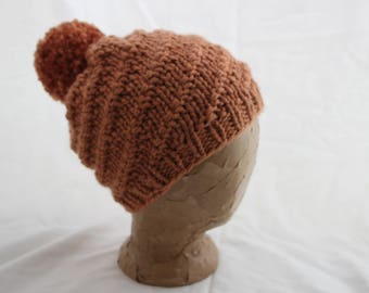 Hand Knitted Cozy Pompom Beanie - Pumpkin Orange with Pompom