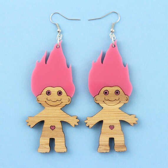 Vintage Funky TROLL DOLL EARRINGS-Fun Miniature Retro Toy Costume Jewelry-YELLOW