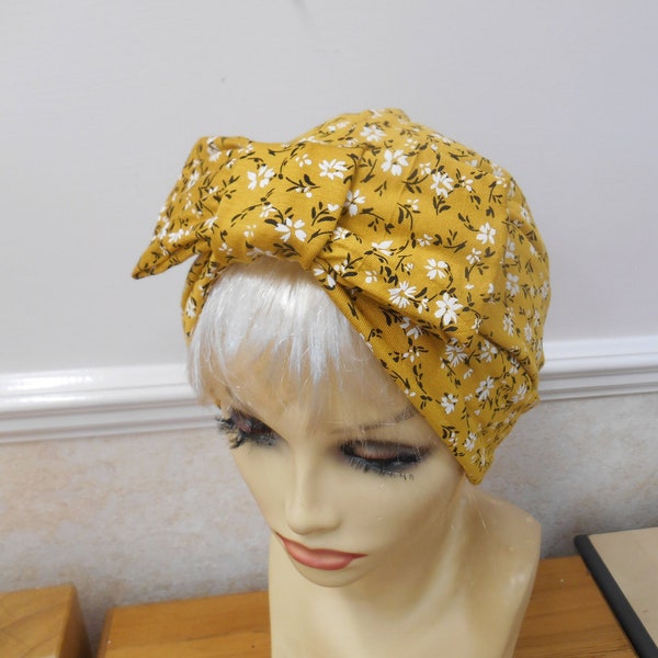 1940's 1950's vintage Retro Style Mustard ditsy flowers stretch jersey. Turban Hat. Removable bow Pin up WW2 Land Girl Rockabilly. One Size