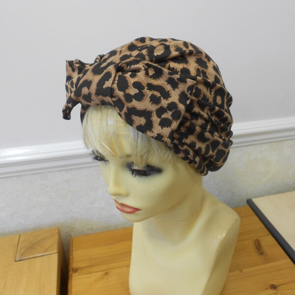 1940's 1950's style Leopard print Cotton stretch Jersey Turban hat removable bow Rockabilly Pin Up
