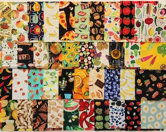I Spy Food Fabric Charm Pack, 5" Cotton Squares, 42 Assorted Prints. Three collection options.