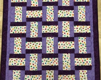 Baby Quilt - 32"x38" Purple and Funky Dots Baby/Crib Size Quilt
