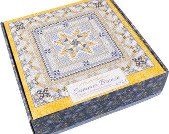 Summer Breeze Quilt Kit 33680. Includes the Summer Sun 88"x88" quilt pattern and all fabrics for the top and binding. Blues, yellow, white.