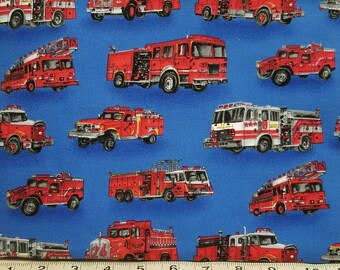 Firetruck fabric with blue background, 100% premium cotton fabric, sold by the yard.