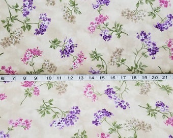 Northcott floral fabric, pink, purple, and tan flowers on tan background, 100% cotton fabric, sold by the yard.