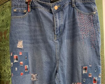 Customised boyfriend style blue jeans/festival one of a kind embellished ladies jeans/distressed redone jeans