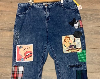 Customised boyfriend style blue jeans/festival one of a kind embellished ladies jeans/distressed redone jeans/plus size