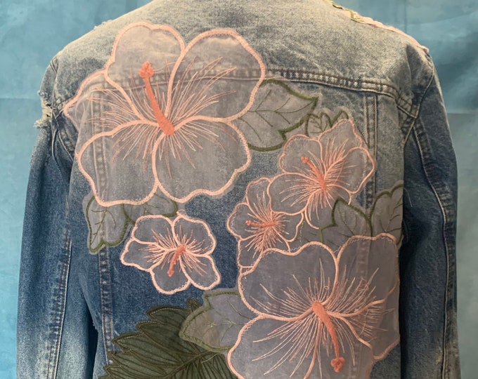 Unique Hand Embellished Denim Jean Jacket // Denim Jacket embellished with organza flowers