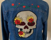 Embellished Denim Jean Jacket Red Roses Jacket Gothic Skull Festival Denim Jacket Size 10