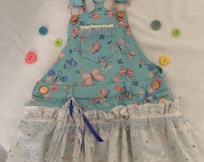Girls Turquoise Denim Overall Tutu Dress/ Dungaree Dress/Patterned Denim Pinafore/ 2 –3 years /Butterfly Dress