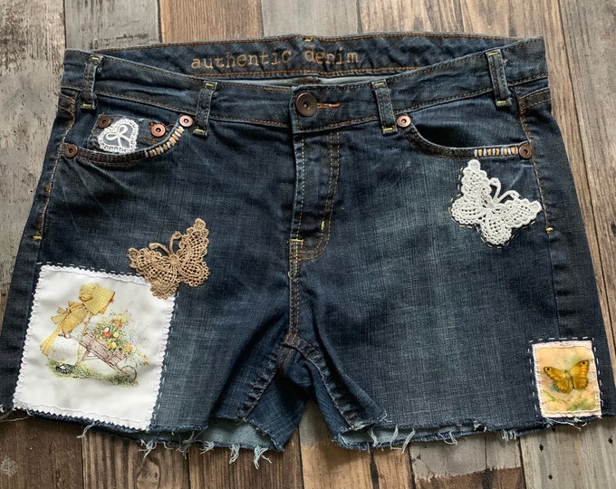 Customised blue jean shorts/festival one of a kind embellished ladies cut-off jeans/distressed redone shorts