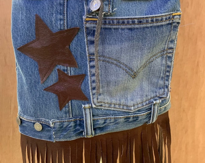 Cross Body Denim and Leather Bag / Fringed Festival Style Jean Bag