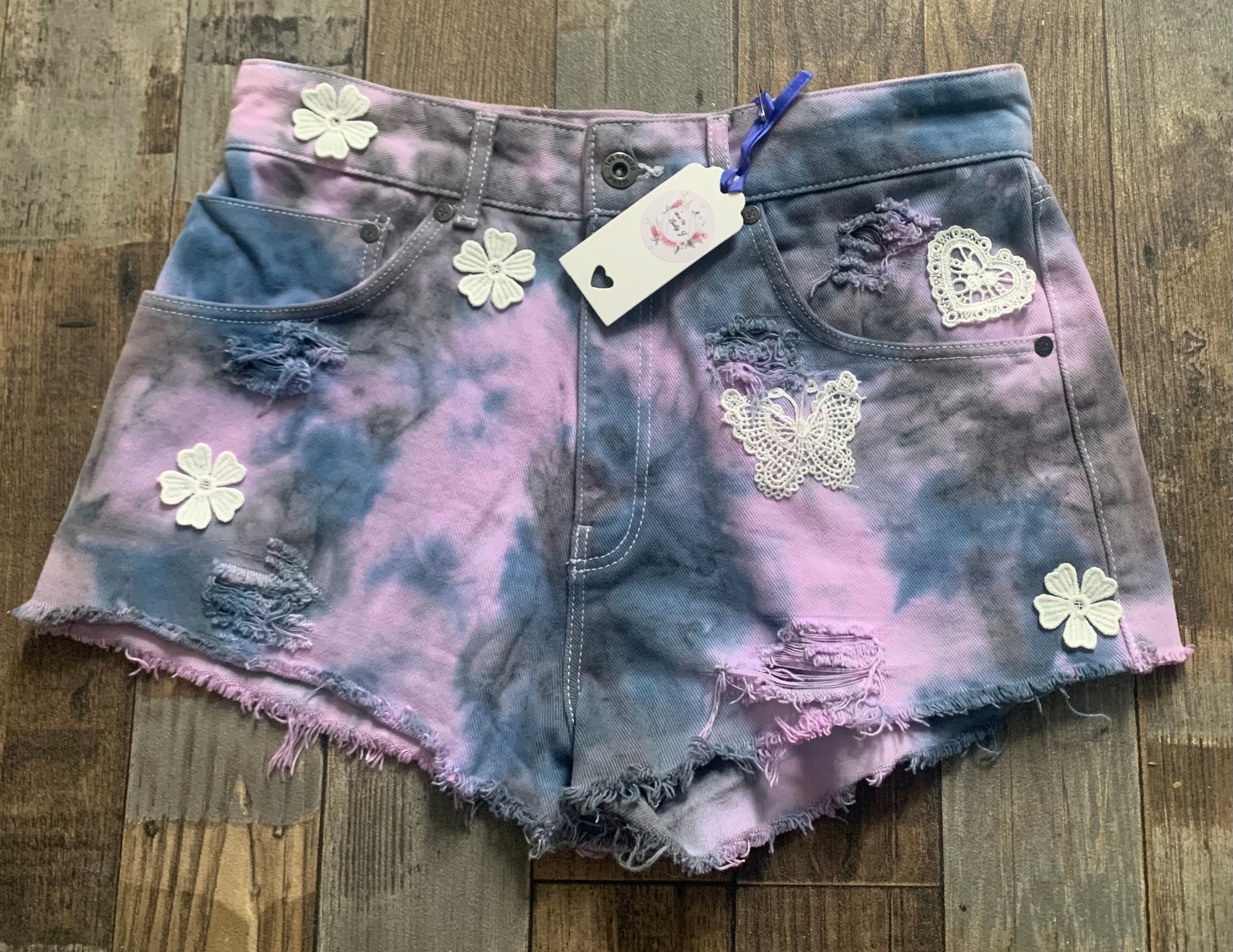 Customised blue tie dye jean shorts 