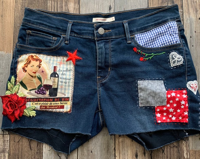 Customised blue jean shorts/festival one of a kind embellished ladies cut-off jeans/distressed redone shorts