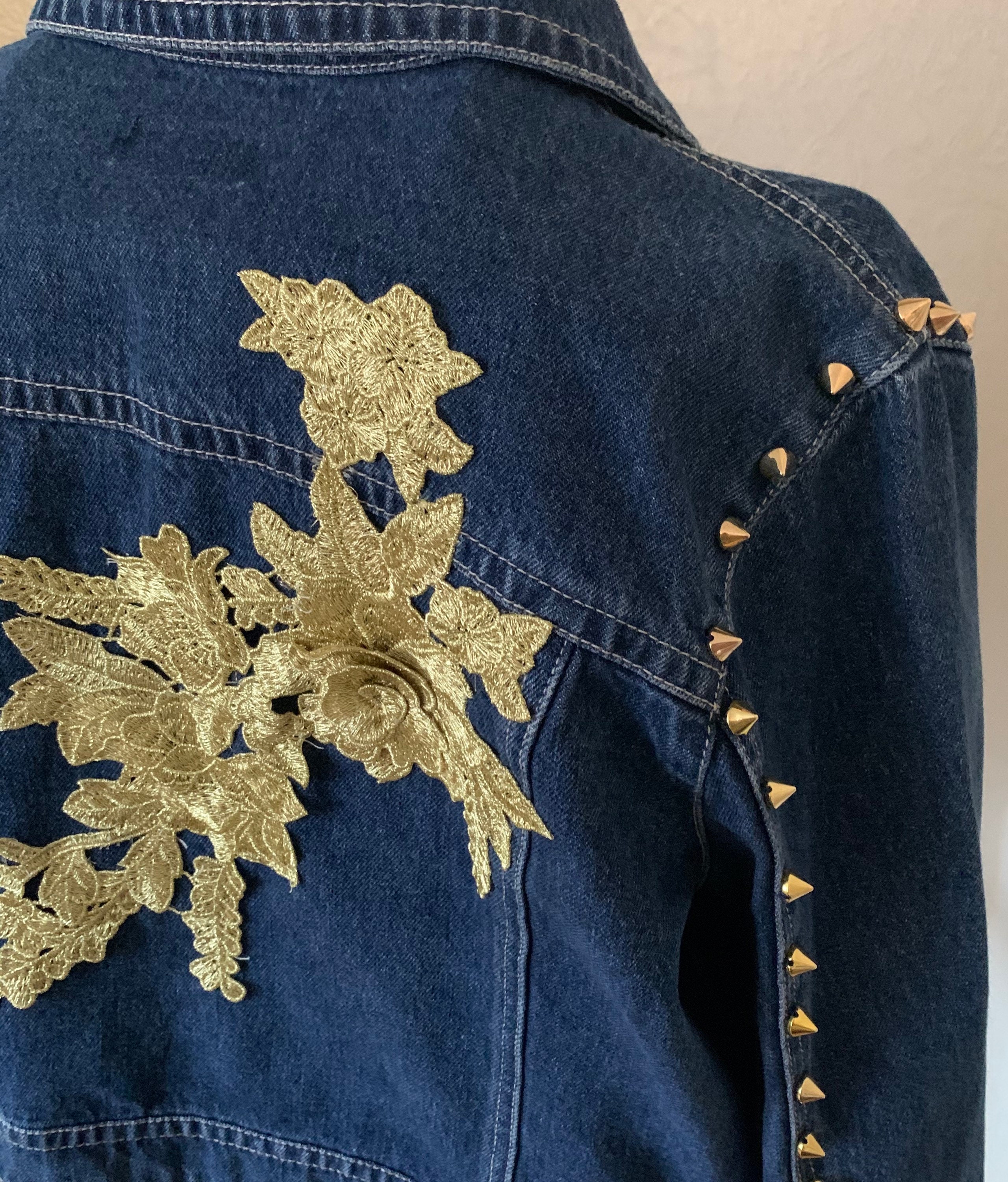 Embellished Denim Jean Jacket/Gold Studded Jacket//Festival Etsy