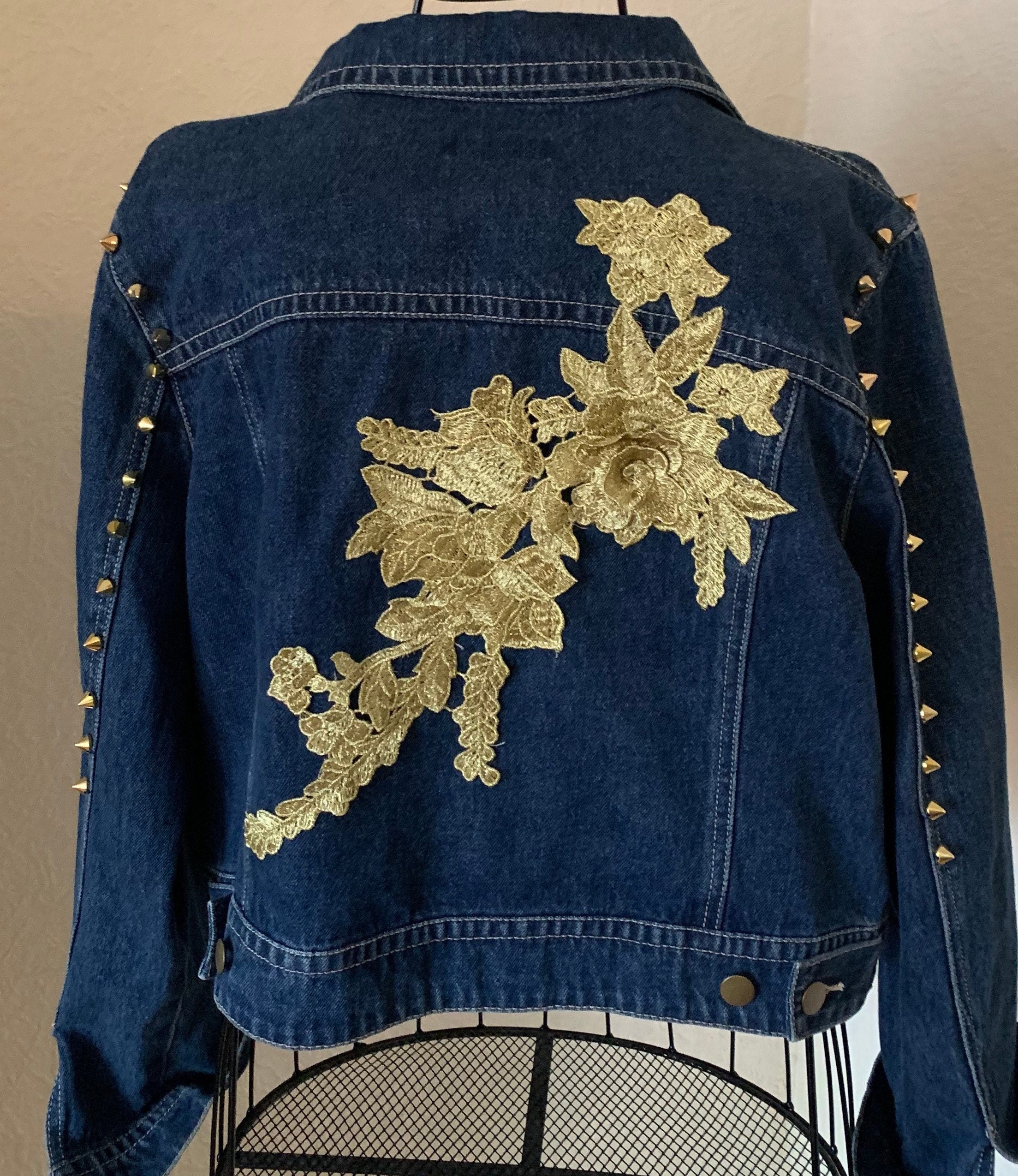 Embellished Denim Jean Jacket/Gold Studded Jacket//Festival Jean Jacket / UK size 18-20