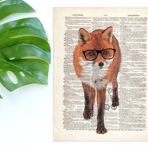 Dictionary Art Print Hipster Fox in Glasses Forest animal Woodland Beast Hunting Creature Dog Dorm Decor Wall Illustration Book B2G1