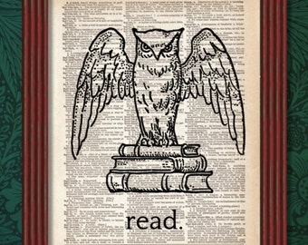 Dictionary Art Print Read Owl  Literary Bird Dorm Decor Library Librarian Bookstore Wall Typography Book B2G1