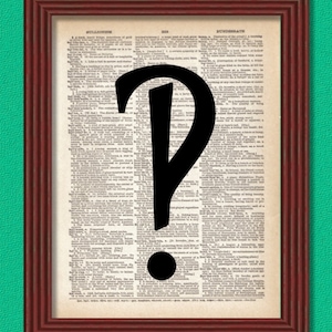 May include: A black and white question mark printed on a vintage dictionary page with a brown frame. The dictionary page has the word "Bullionism" at the top and the word "Bundsbreath" at the bottom.