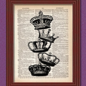 May include: Five black and white crowns stacked on top of each other on a vintage dictionary page. The crowns are in various sizes and styles. The dictionary page has text in black and white.