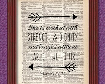 Dictionary Art Print She is Clothed With Strength and Dignity  Bible Proverbs Arrow Christian Literary Quote Dorm Decor B2G1