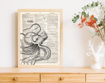 Dictionary Art Print Octopus  Nautical Cuttlefish Squid Ocean Sea Fish Decor Wall Kids Baby Illustration Book B2G1