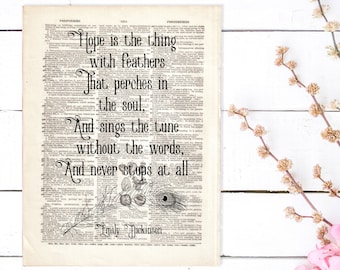 Dictionary Art Print Hope is the Thing with Feathers  Emily Dickinson Poet Poetry Library Store Decor Peacock Poem Book B2G1