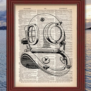 Dictionary Art Print Divers Helmet  Steampunk Diving Scuba Jules Verne Victorian Decor Wall Ocean Sea diagram Nautical B2G1