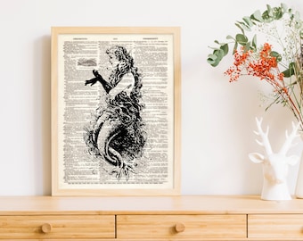 Dictionary Art Print Gloved Mermaid  Nautical Fish Dorm Decor Wall Tail Fairytale Illustration Book B2G1