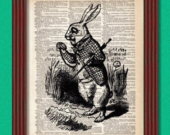 Dictionary Art Print White Rabbit Checks His Watch  Alice in Wonderland Decor Wall Lewis Carroll B2G1